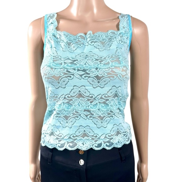 Sabora Tops - Sabora Aqua Blue Butterfly and Floral Design Lace Tank Top sz L